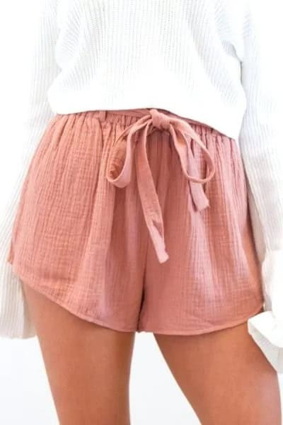 White Ribbed Oversized Knit Sweater with Pink Tie Front Elastic Waist Mini Chiffon Shorts