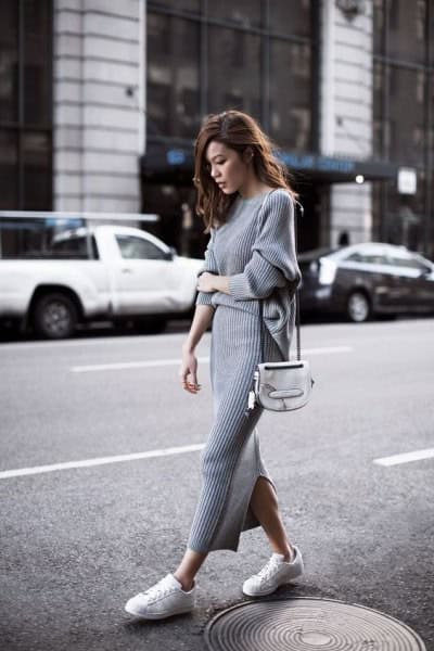 Grey Ribbed Maxi Sweater Dress with White Sneakers