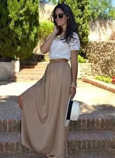 White Lace Short Sleeve Top with Green Long Skirt