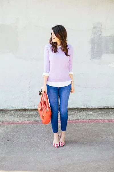 Lavender Sweater Over White Button Up Shirt