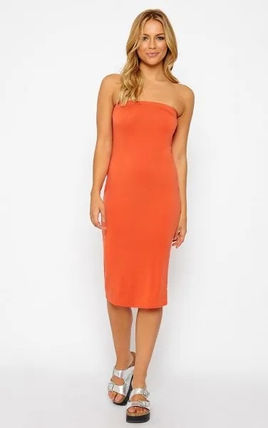 Orange Midi Tube Dress with Silver Sandals