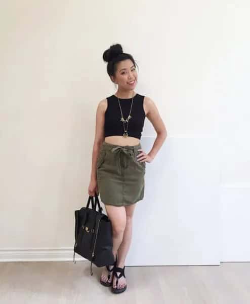 Black Cropped Tank Top with Tie Waist Mini Skirt