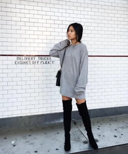 Light Grey Sweatshirt Dress with Thigh High Flat Boots