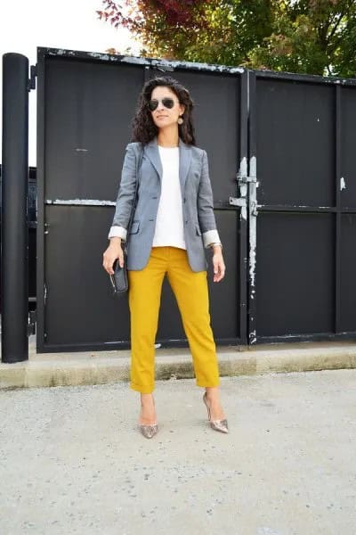 Grey Blazer with Cuffed Straight Leg Yellow Pants