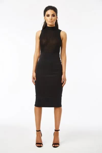 High Neck Black Midi Dress with Mesh Overlay