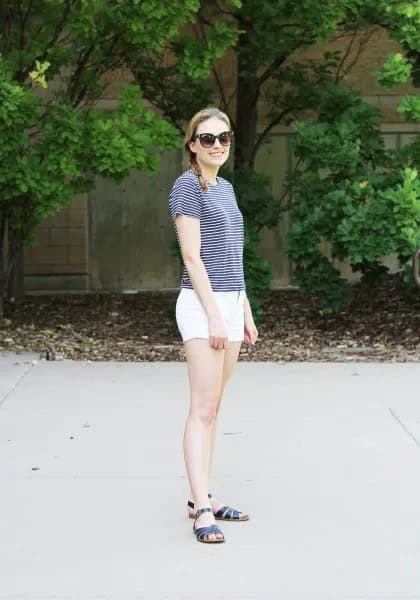 Striped T Shirt with White Mini Cotton Shorts & Black Slide Sandals