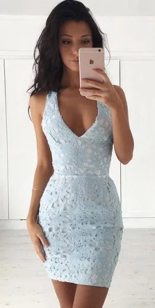 Super Light Teal Blue Deep V Neck Bodycon Mini Lace Dress