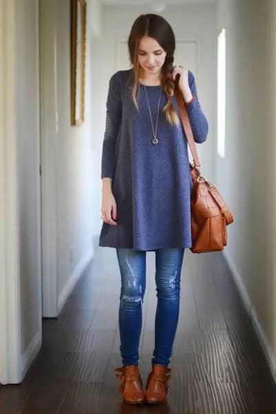 Grey Tunic Dress with Ripped Skinny Jeans