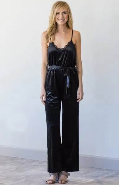 Velvet Jumpsuit with Black Lace Bralette