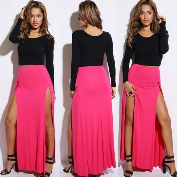 Black Long Sleeve Form Fitting Sweater with Pink Double Slit Maxi Skirt