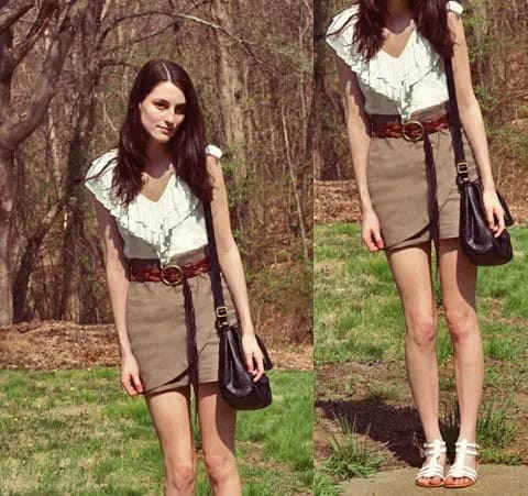 White Fringe and Ruffle Shirt with Grey High Waisted Mini Wrap Skirt