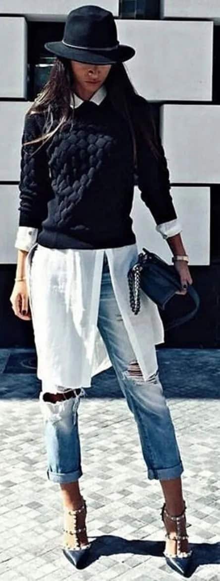 White Long Shirt with Black Sweater