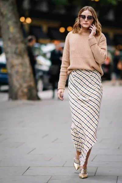 Blush Pink Ribbed Sweater with White and Black Plaid Maxi Skirt