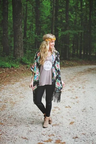 Black Floral Fringe Kimono with Grey Print Tee & Ripped Skinny Jeans