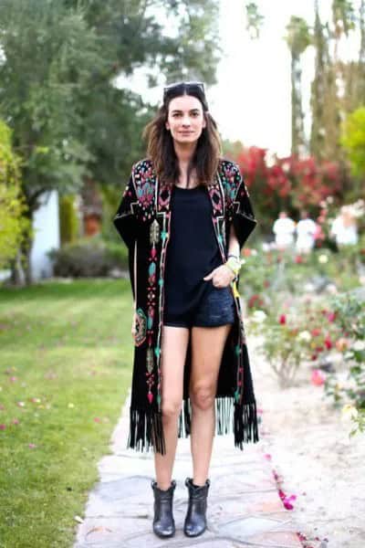 Black Long Fringe Kimono with Velvet Mini Shorts