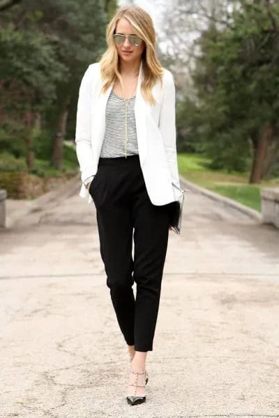 White Oversized Blazer with Black Chinos