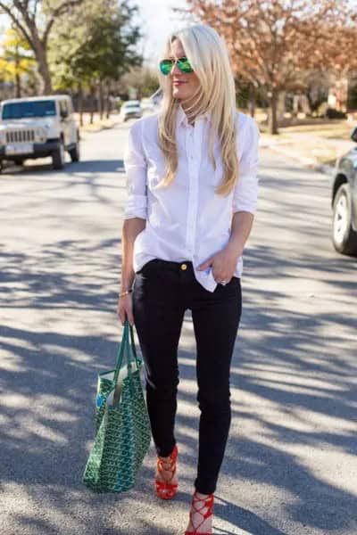 White Button Up Silk Shirt with Black Slim Fit Jeans