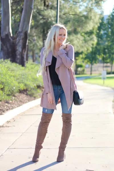 Pink Trench Coat with Blue Skinny Jeans & Thigh High Boots