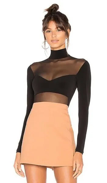 Black Long Sleeve Top with Mesh Overlay & Orange Skirt