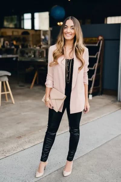 Pale Pink Boyfriend Blazer with Black Leather Leggings