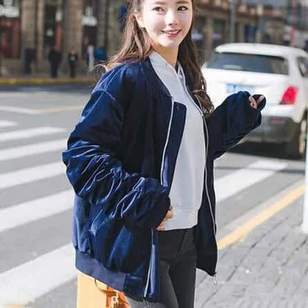 Dark Navy Blue Oversized Velvet Bomber Jacket with White Polo Shirt & Grey Jeans