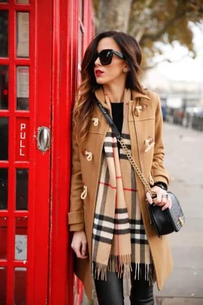 Camel Long Wool Coat with Black Leather Skinny Pants