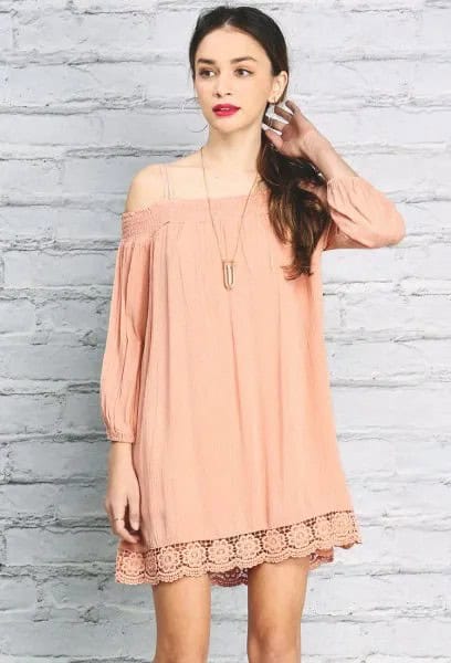 Blush Pink Three Quarter Sleeve Open Shoulder Mini Lace Dress