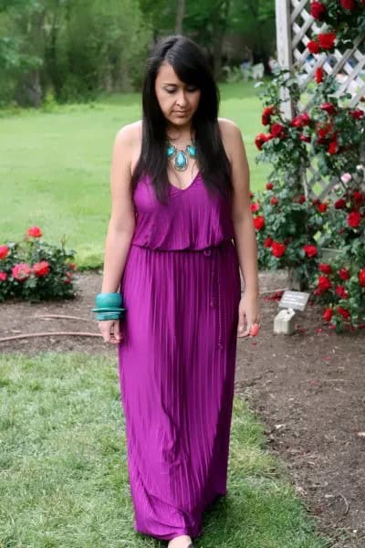 Purple V Neck Sleeveless Gathered Waist Maxi Pleated Dress