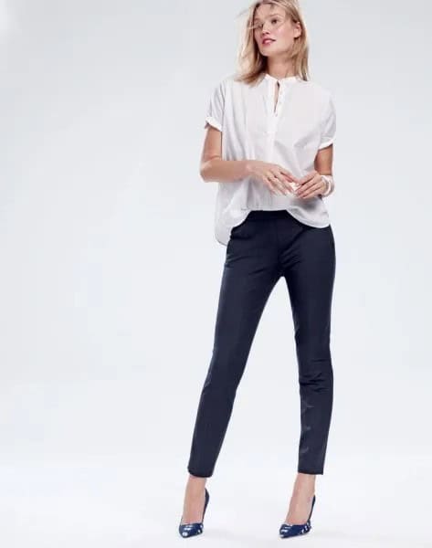 White Popover Shirt with Black Skinny Pants