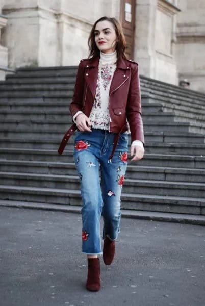 White Embroidered Mock Neck Sweater with Brown Leather Jacket