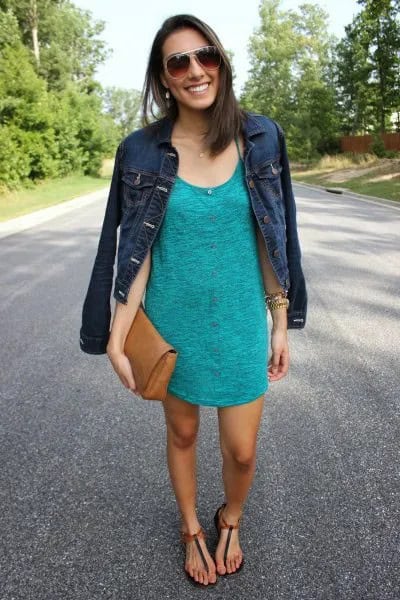 Grey T Shirt Dress with Dark Blue Denim Jacket