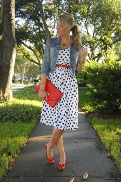 Black and White Polka Dot Midi Flared Dress with Red Belt