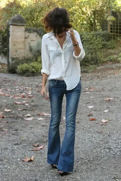 White Boyfriend Shirt with Blue Flare Low Waisted Jeans