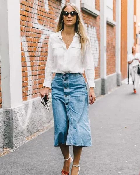 White Pocket Front Shirt with Denim Button Front Midi Skirt