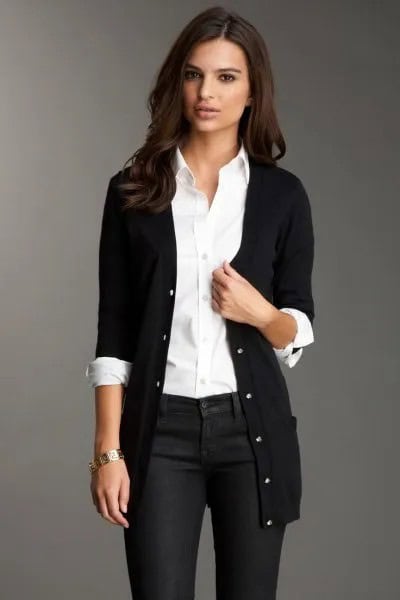 White Button Up Shirt with Black Cardigan