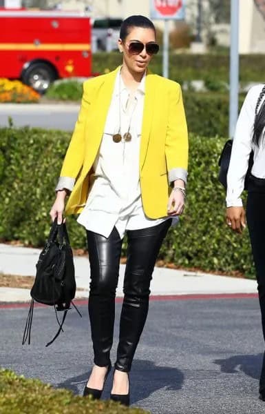 Yellow Blazer with White Boyfriend Shirt & Leather Pants