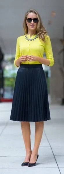 Yellow Half Sleeve No Collar Blouse with Pleated Midi Navy Skirt