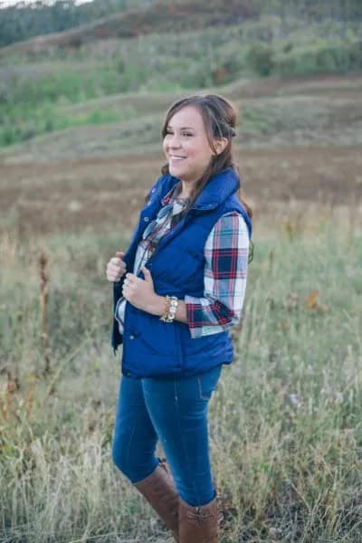 Royal Blue Down Vest with Plaid Boyfriend Shirt & Grey Knee High Boots