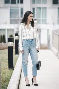 Vertical Striped White Blouse & Mom Jeans