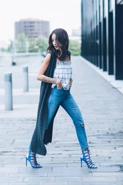 White and Blue Plaid Tube Top with Maxi Grey Cardigan