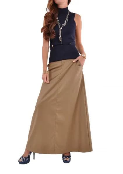 Navy Mock Neck Sleeveless Top with Khaki Long Skirt