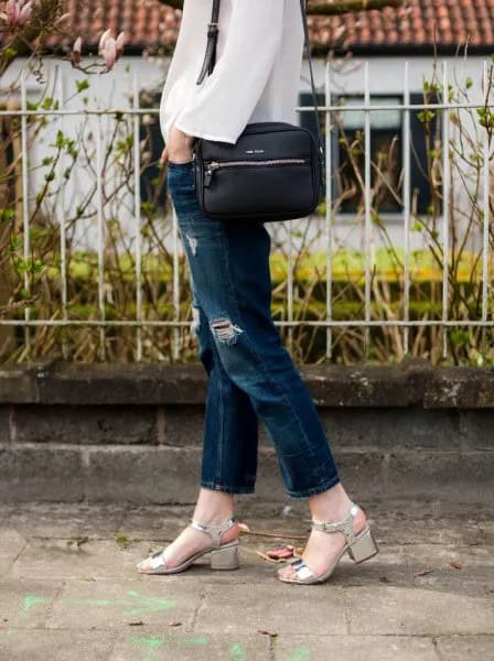 White Chiffon Blouse with Blue Ripped Slim Fit Jeans & Heeled Sandals