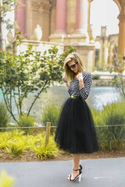 Black and White Plaid Top with Tulle Midi Skirt