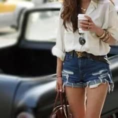 White Relaxed Fit Linen Button Up Shirt with Ripped Blue Denim Shorts