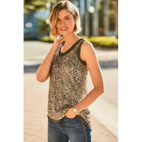 Sequin Tank Top with Slim Fit Greyish Blue Jeans