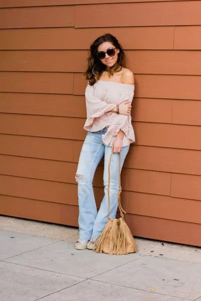 Blush Pink Off Shoulder Blouse with Flared Jeans