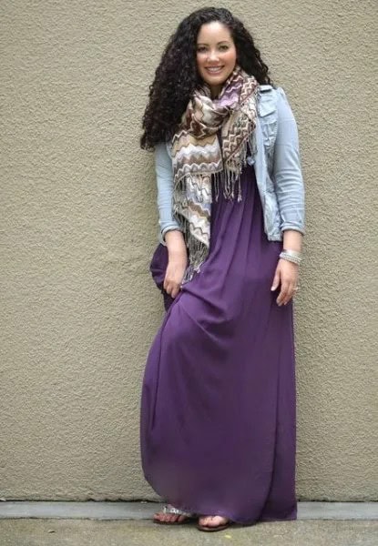 Purple Maxi Dress with Light Blue Denim Jacket & Scarf