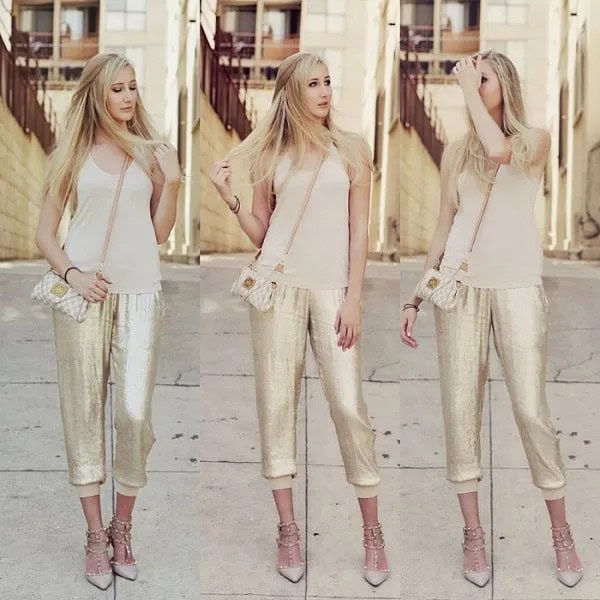 Blush Pink Scoop Neck Tank Top with Sequin Gold Jogger Pants