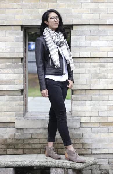 Wear with Leather Jacket & Grey and White Striped Scarf