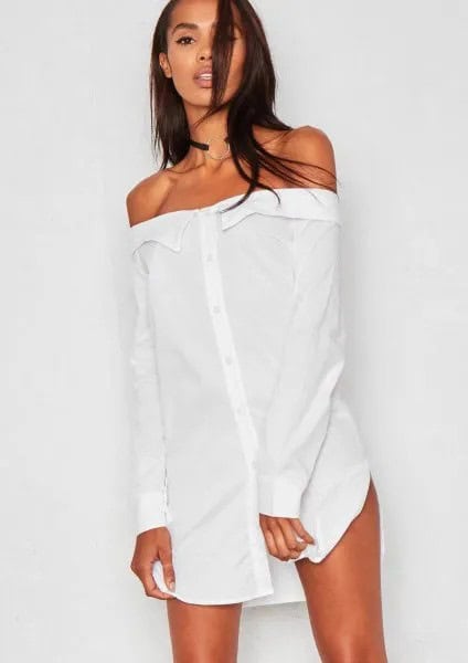 White Strapless Button Up Shirt Dress